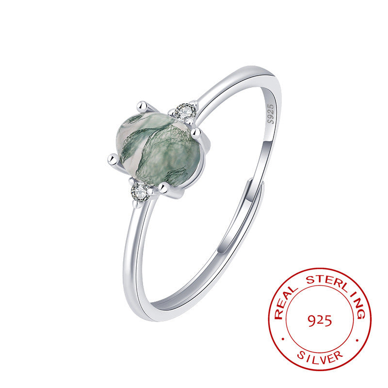 S925 Silver Green Moss Agate Ring